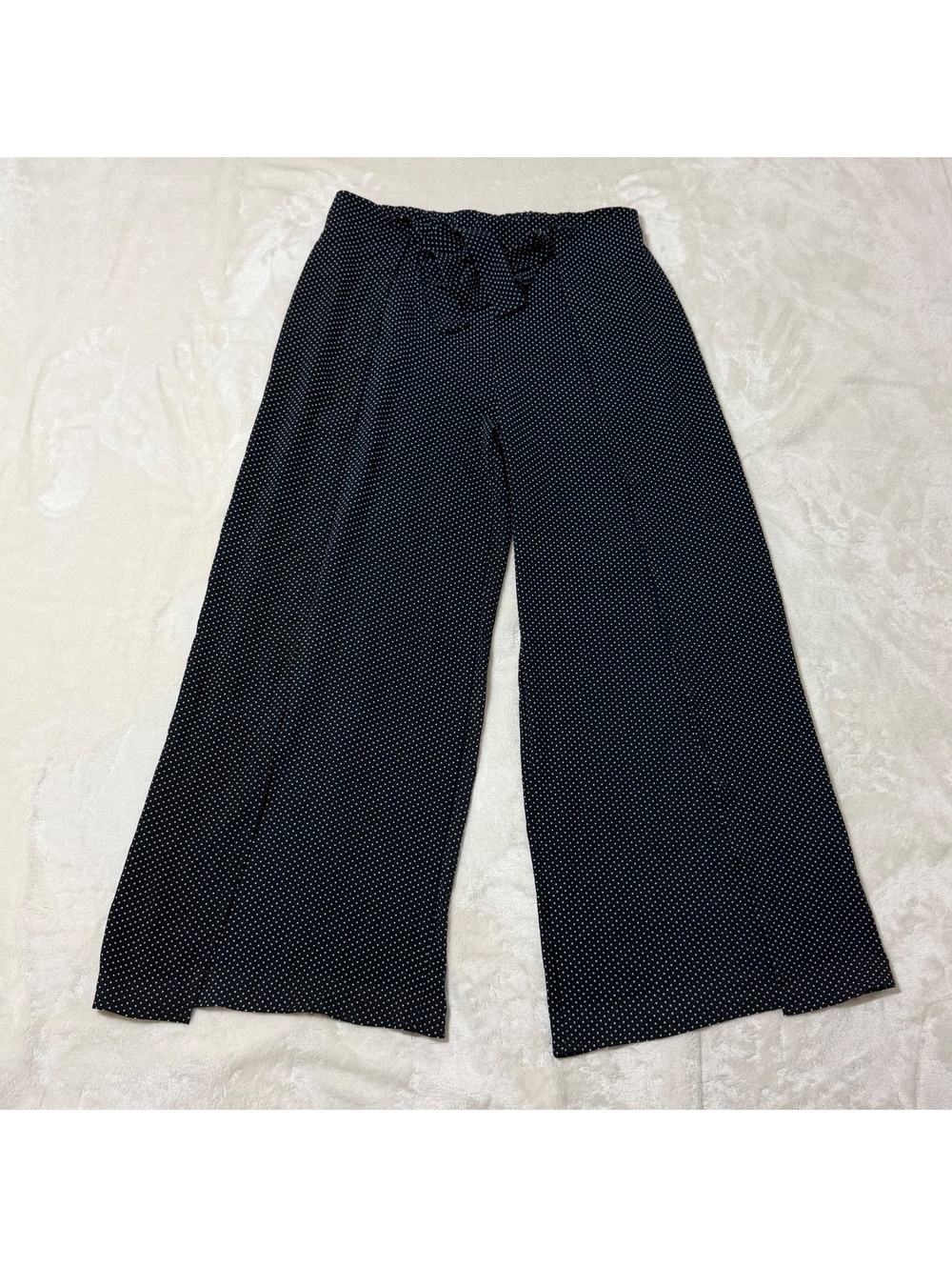 La Gypsy Navy Polka Dot Wide Leg Palazzo Pants L/XL Stretch Tie Waist